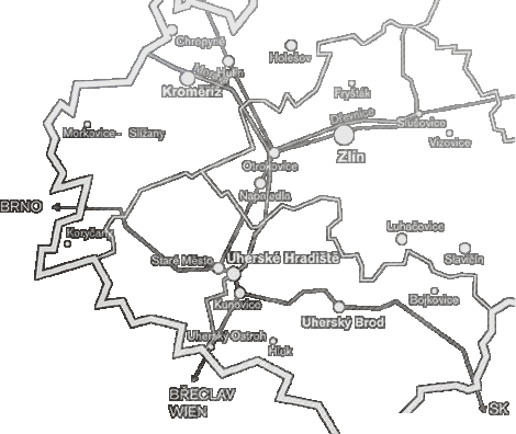 Mapa Zlínského kraje s vyznačenými cestami a Uherským Hradištěm [map]